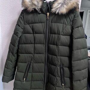 Laundry By Shelli Segal Olive Puffer Jacket with Faux Fur Hood